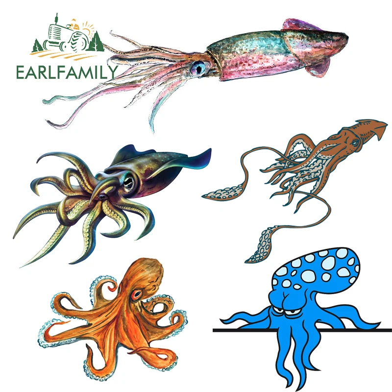 EARLFAMILY Cartoon Car Sticker Squid Sticker Decal Wildlife Outdoors Nature Hunt Camp Art Decal Vinyl Car Styling Decoration