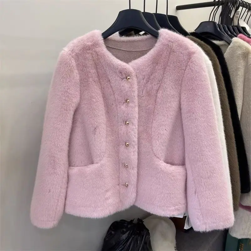 معطف فرو المنك المزيف من Ele ort مستدير Ne Thiened للخريف والشتاء للسيدات Faion Quali Top Ladies Premium ort Jaet #4