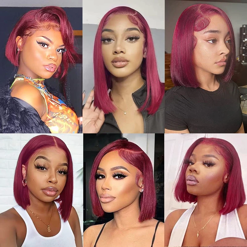 Perruque Bob Lace Frontal Wig brésilienne naturelle, cheveux lisses, bordeaux, 13x4, densité 200%, pre-plucked, 4x4, courte, 99J