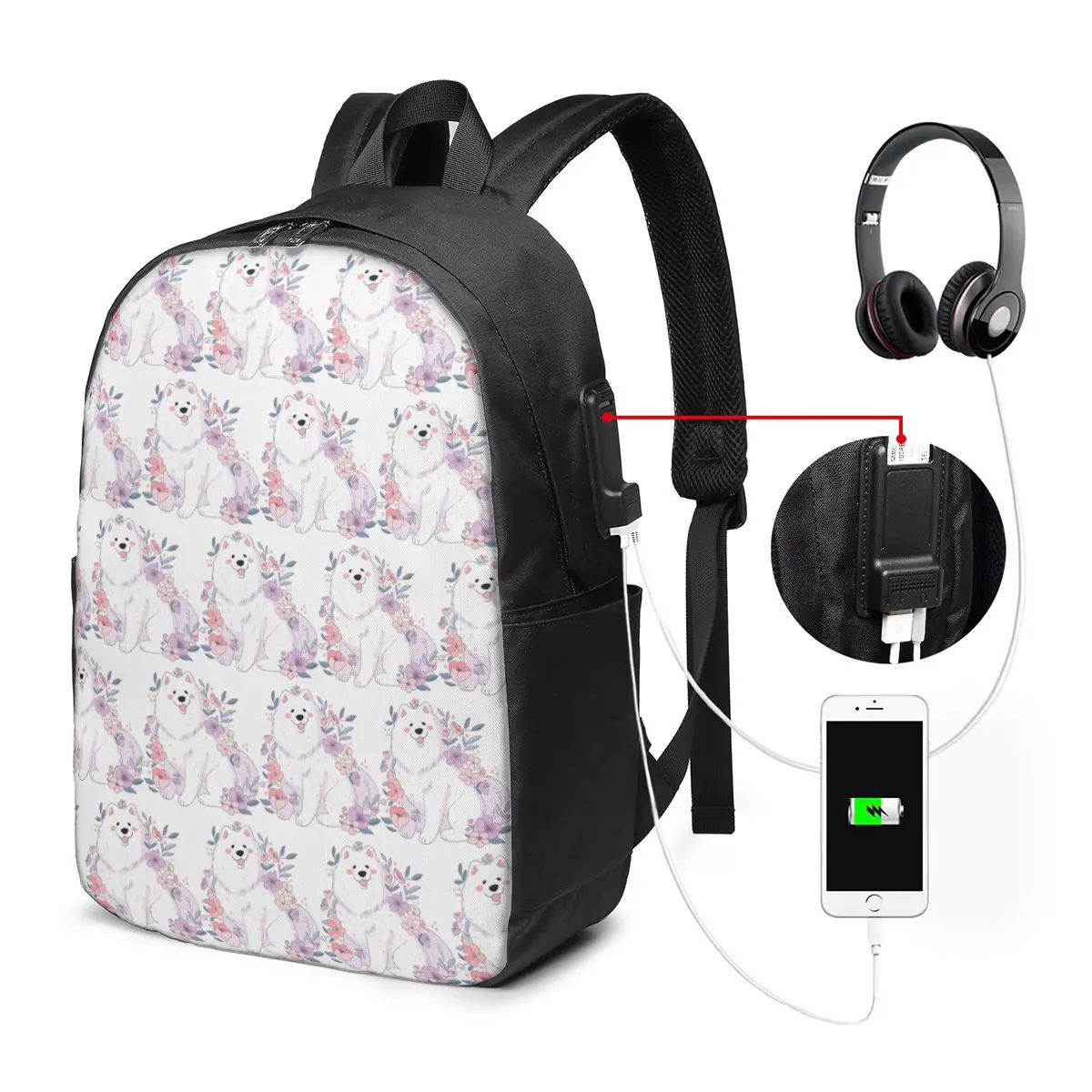 Samoyed And Plum Blossoms In Snow Backpack Travel Notebook Bag Computer College Student School Bag Laptop Shoulder Bags