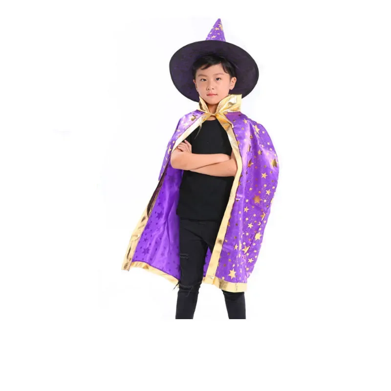 Kids Wizard Cloak Cape Robe with Witch Hat Star Pattern Halloween Cosplay Costume Masquerade School Party Festival Accessories