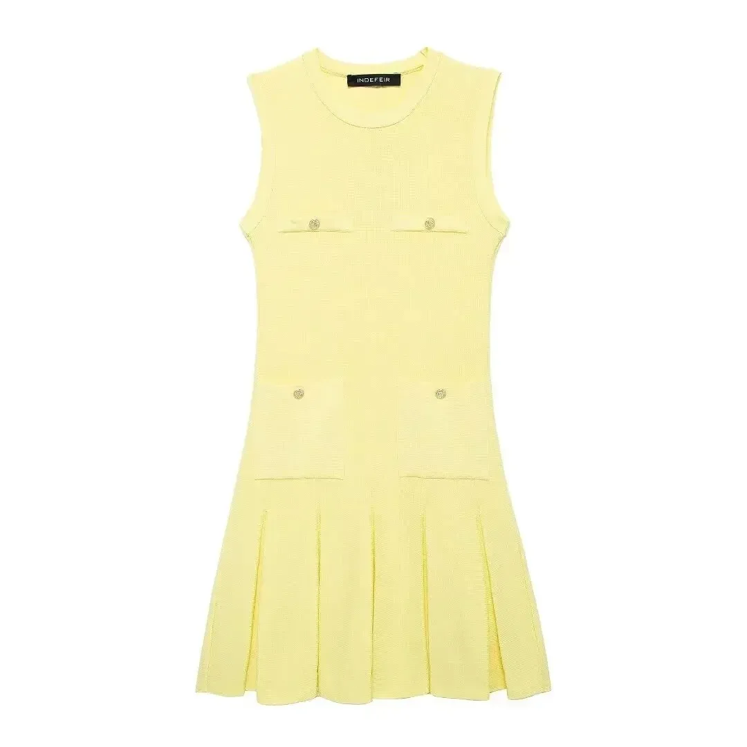 Hellgelbes gestricktes Plissee-Kleid für Damen, Sommermode, Taschen, O-Ausschnitt, ärmellos, A-Linie, Minikleid