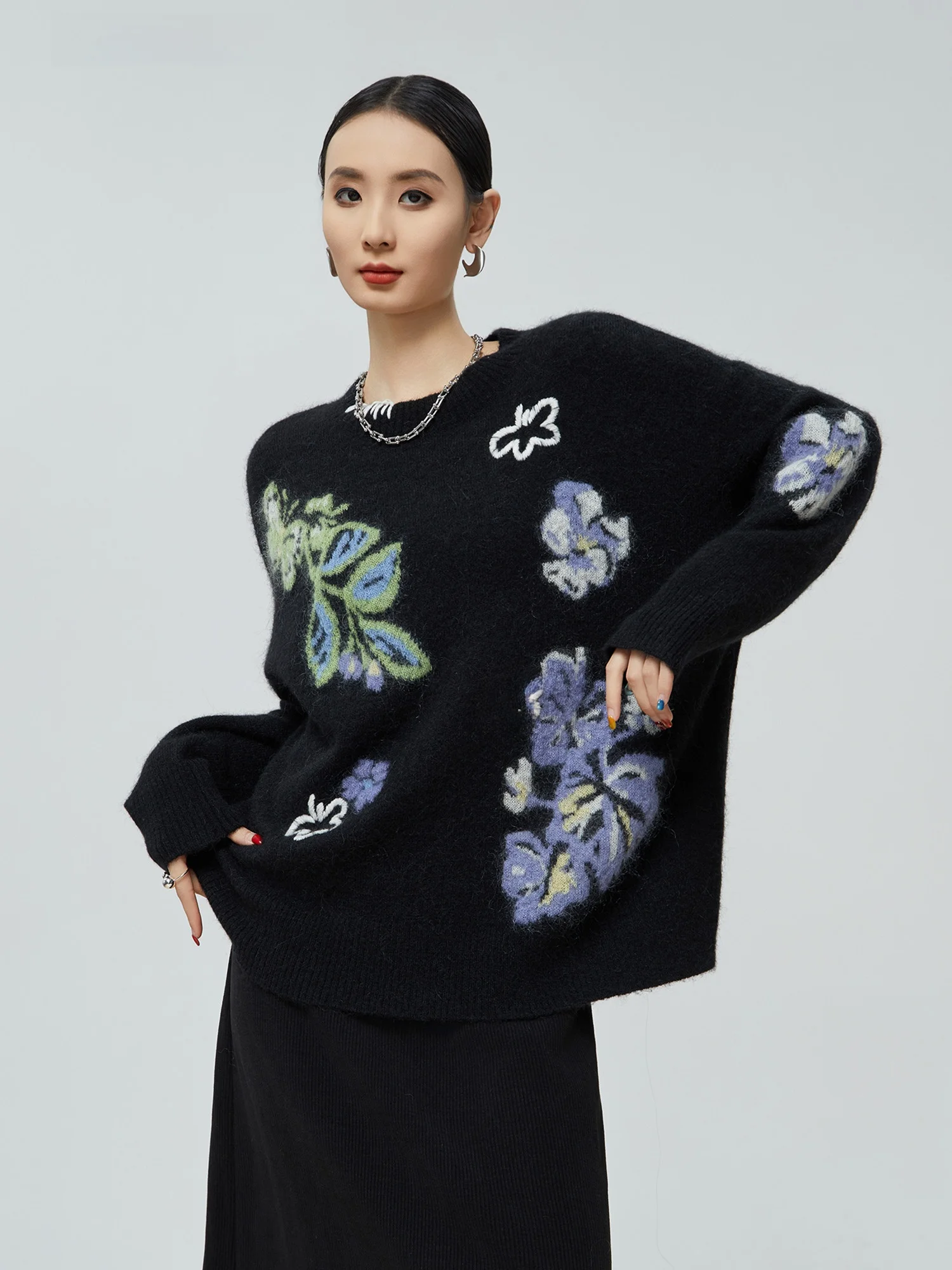 

Loose round Ne Knitted Sweater Women's Base Layer Top Bla Floral Embroidery Comfortable Fce Long Sve Autumn Winter ...