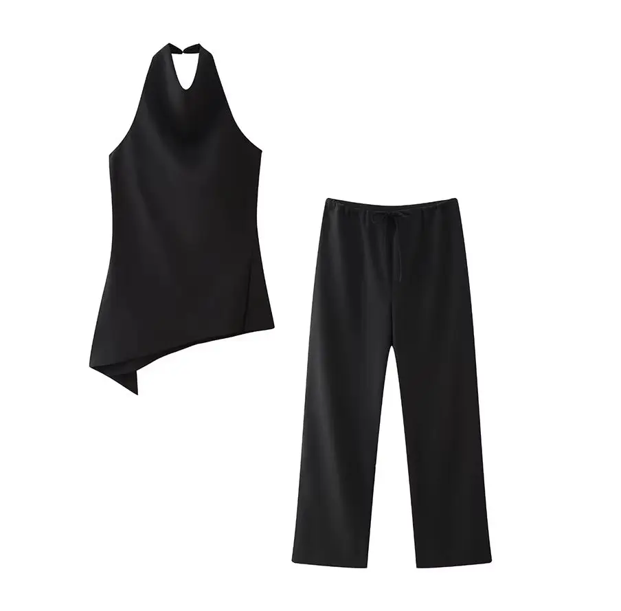 

KONDALA 2023, весна-лето, женские шерстяные однотонные костюмы, модные шикарные плиссированные топы без рукавов с подвесным воротником на молнии + длинные брюки на шнурке