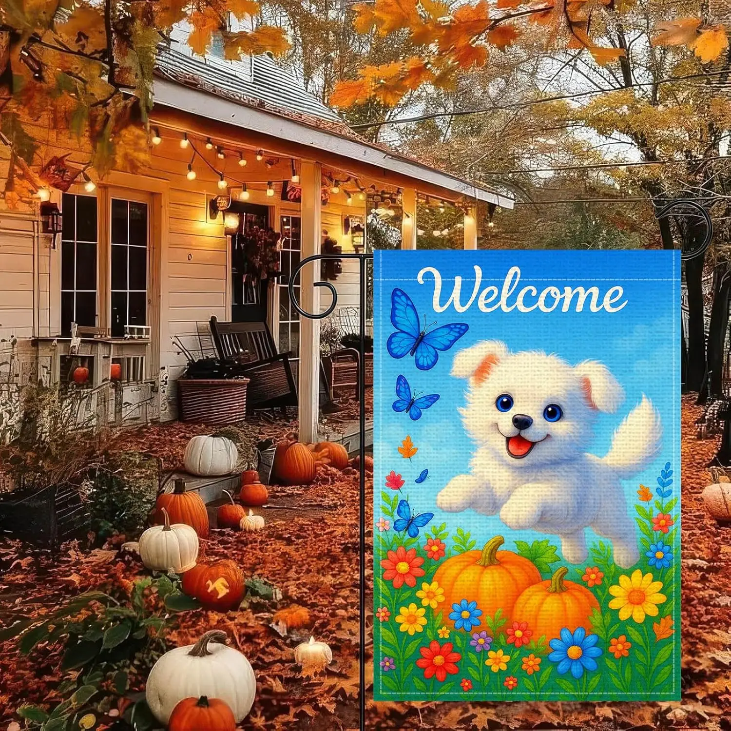 Welcome Dog Garden Flag Double Sided 12x18 Inch Burlap Puppy with Butterflies and Pumpkins Yard Thanksgiving Flags Autumn Fl GGX