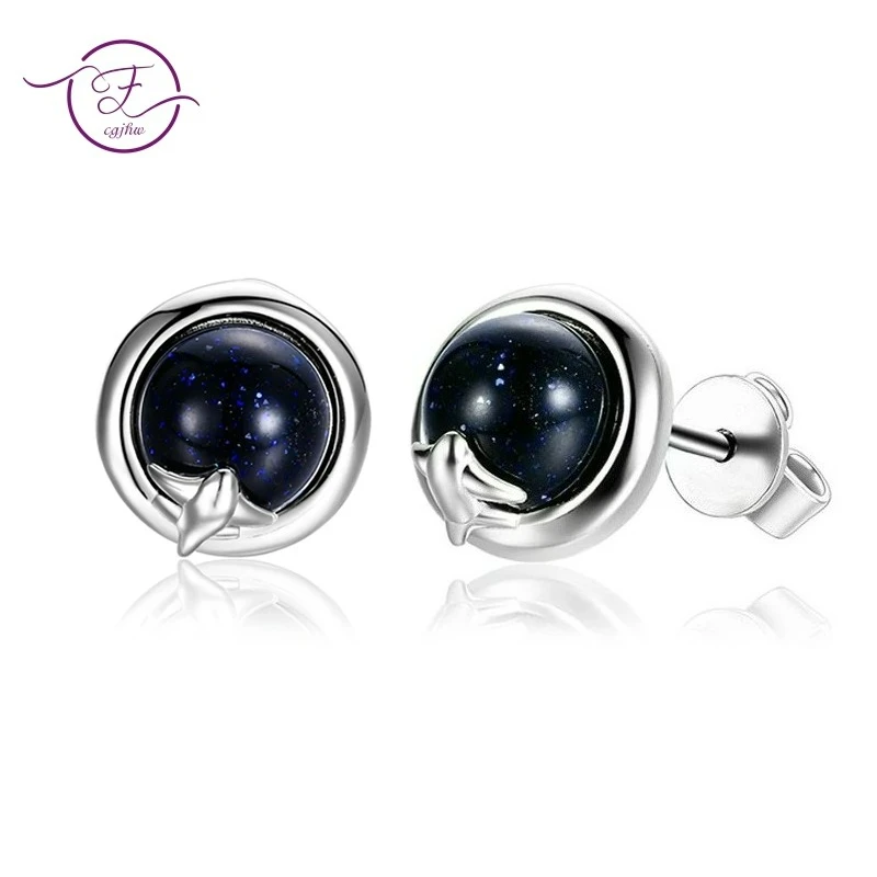 Simple Round Outer Space Stud Earrings Natural Blue Sandstone Silver Earring for Women Men Party Fashion Wedding Jewelry