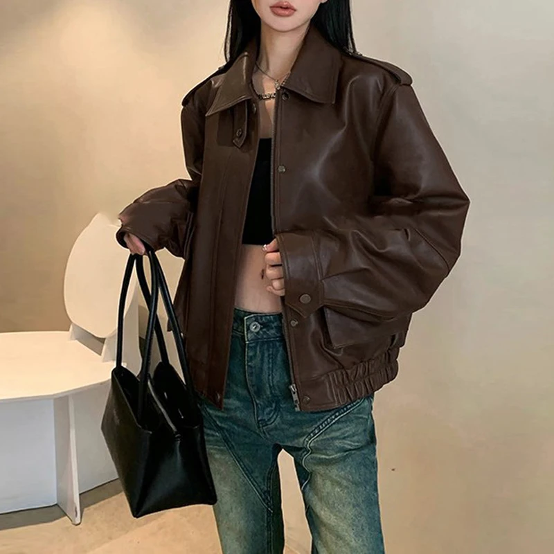 Imported Sheepskin Leather Jacket Coats for Women 2024 Fall Casual Brown/Black Loose Zipper Female 100% Genuine Leather Jackets