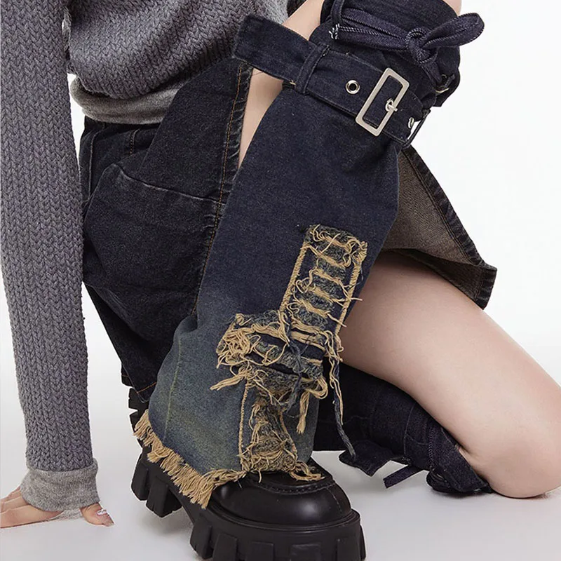 DistMurcia-Jambières en Denim pour Femme, Chaussettes sulfDéchirées avec Bord, Punk Rock Vibes et Streetwear, Poignets de Bottes Décontractés