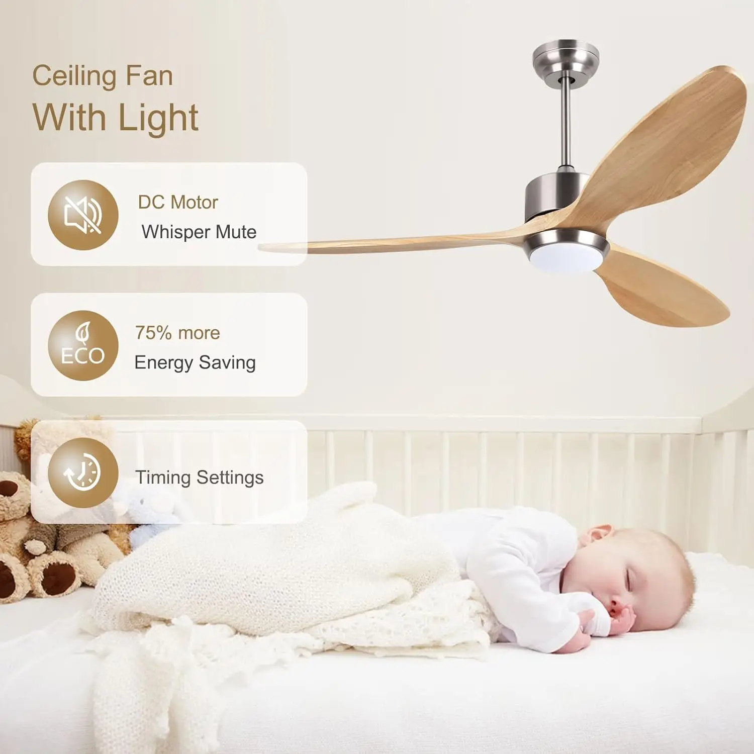 52 Inch Solid Wood Ceiling Fans with Lights Remote Control, 6 Speed Quiet DC Motor 3 Blade Propeller Smart Ceiling Fan, I