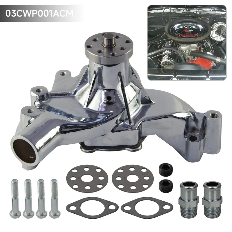 High Flow Volume Long Water Pump For Chevy BBC LWP 396 402 427 454 V8  Engines 1969-1987  Satin/Chrome Aluminum