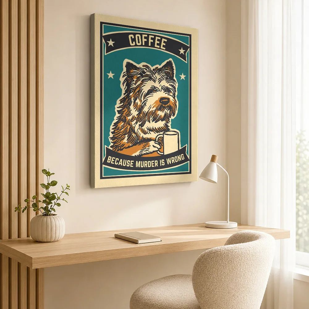 Dog Holding Coffee Mug Framed Canvas Poster Customized Photo Retro Illustration Wall Art For Breakfast Nook, Cafe Owner Gift