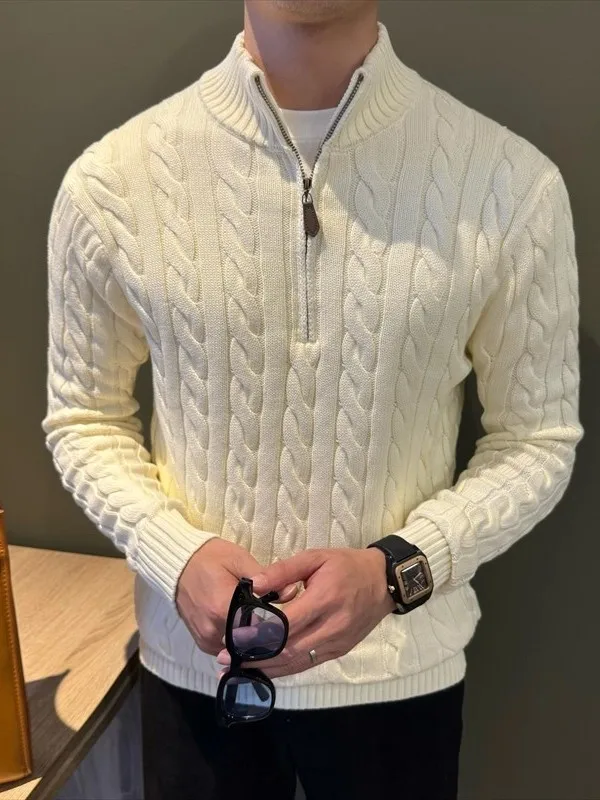 Fashionable Casual Knitted Sweater Men's Autumn Winter New Style Slim Fit Base Layer Shirt Half Zip Stand Collar Twill Pattern