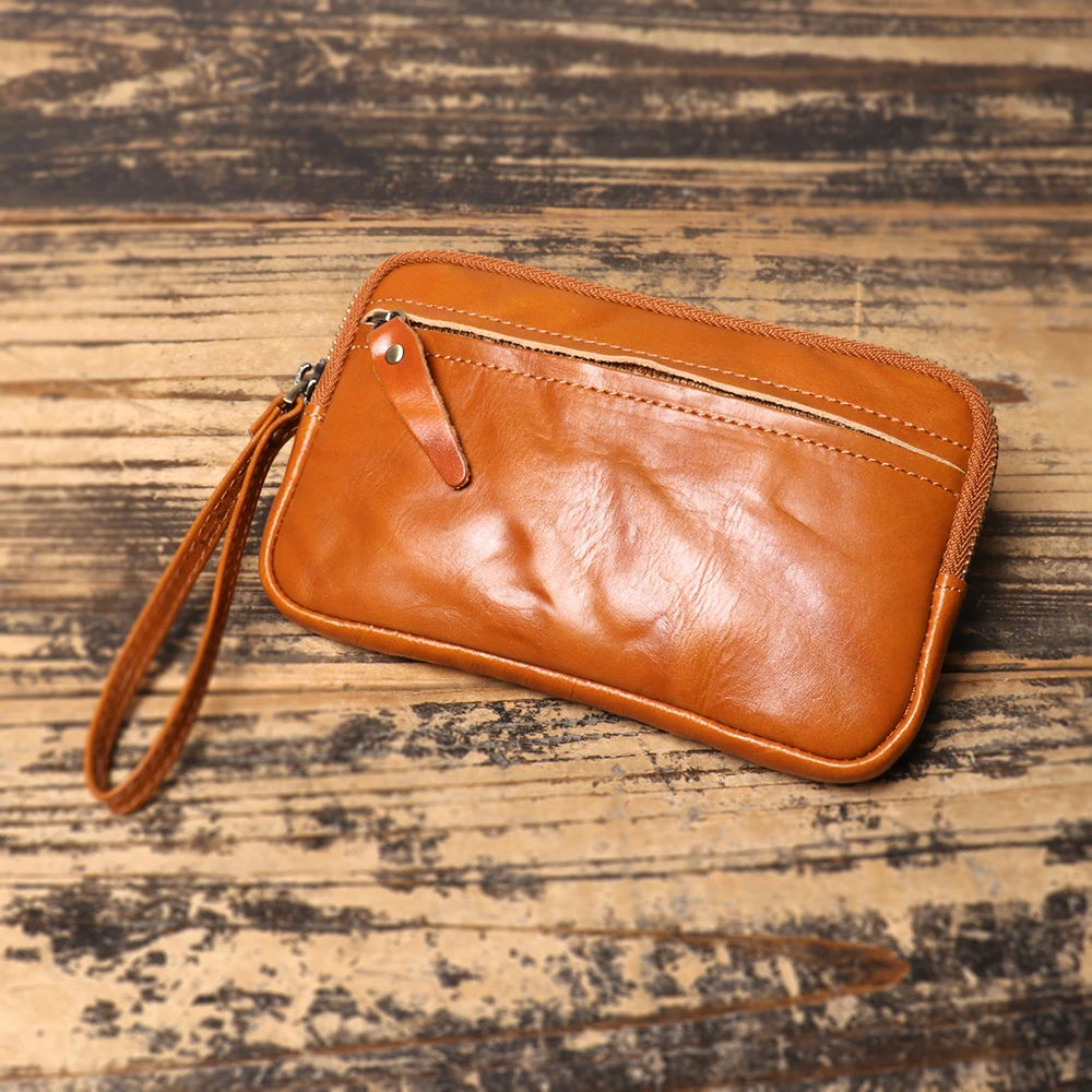 

Vegetable Tanned Leather Zipper Purse Cowhide Zero Wallet Large Capacity Card Bag Leather Storage Bag Key Bags Leathfocus