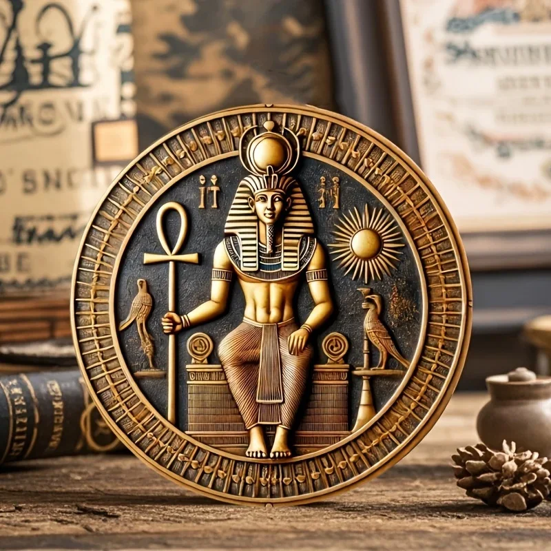 1Pc, 7.87inch Round Wooden Pharaoh and Anker Symbolic, Weather-Resistant American Style Wall Decoration, Multifunctional Deco