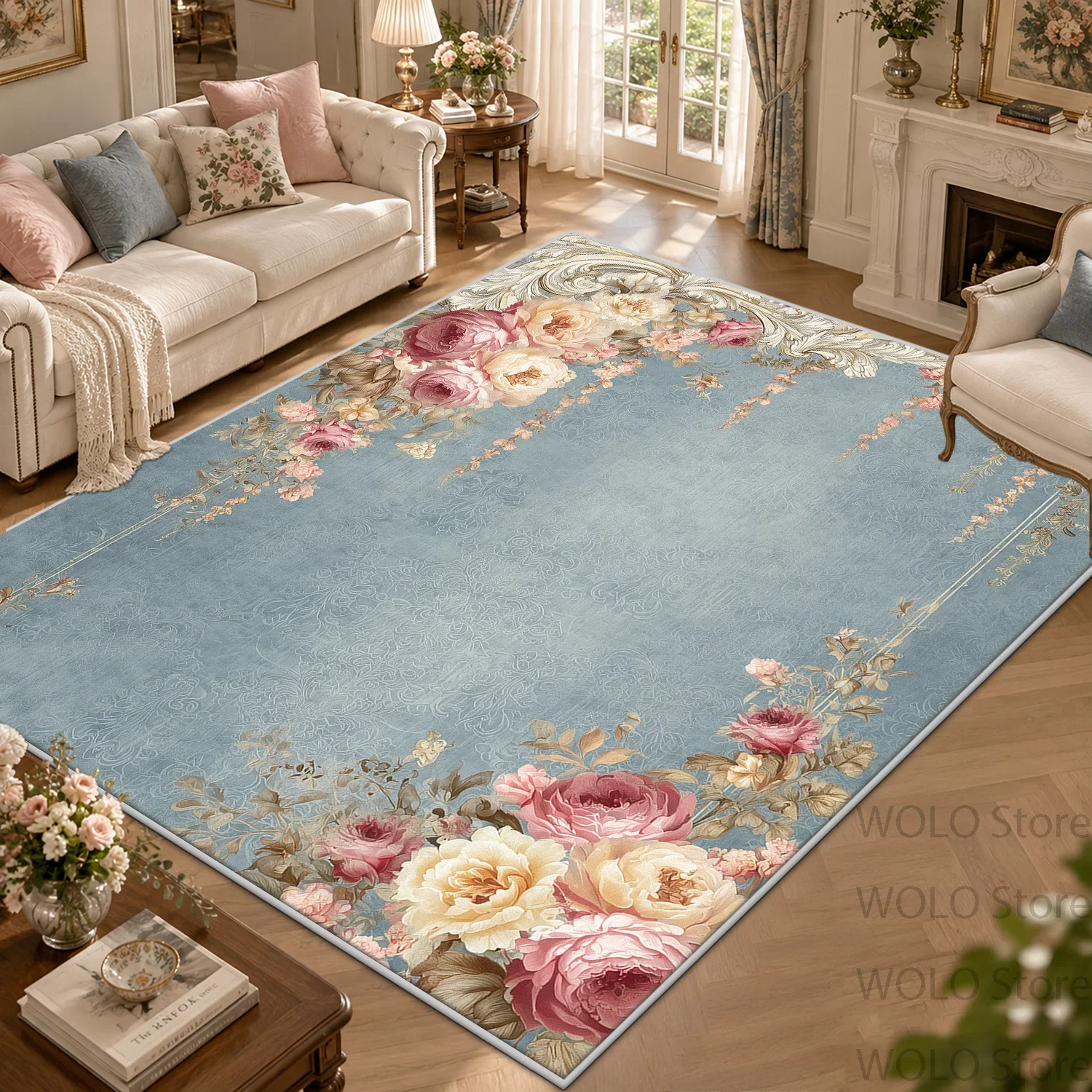 French Rococo Vintage Rose Floral Large Area Rug Blue Non-slip Soft Living Room Carpet Short Velvet Washable Decor Home Mats