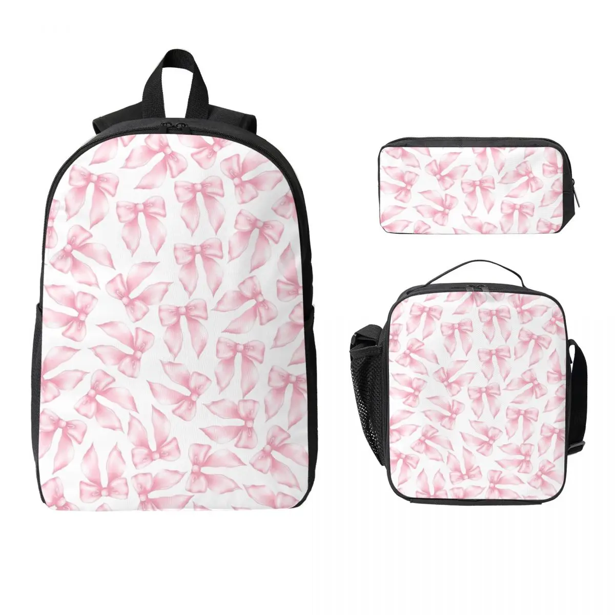 Sac à dos Cochuette Pink Bow Bliss-pattern, sac à livres pour étudiants, sac d'école, sacs à bandoulière pour ordinateur portable, 3 pièces, sac à déjeuner isotherme, trousse à crayons