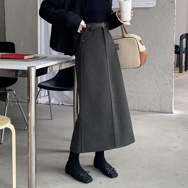 

Pop New Autumn Winter Warm Woolen Long Skirts Women Fashion High Waist A-line Straight Skirt Korean Office Ladies Casual Wool Sk