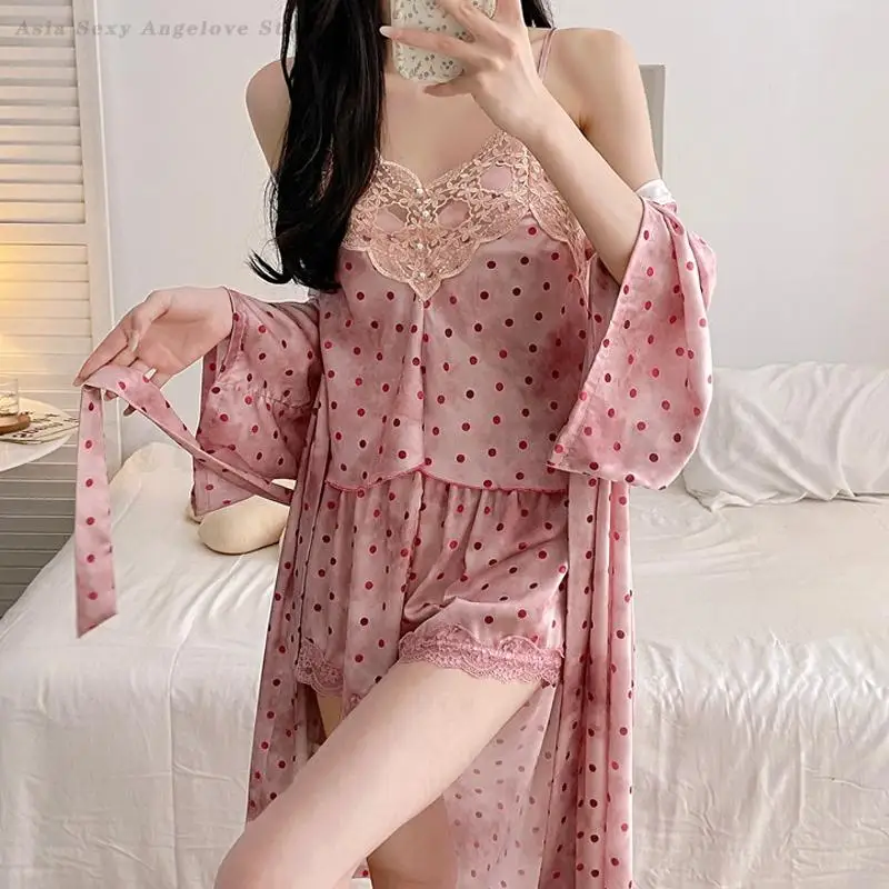 

Summer Female Pijama 3PCS Set Lounge Wear Sexy Pink Print Dot Robe Strap Cami&Shorts Lingerie Sleepwear Sweet Ice Silk Homewear