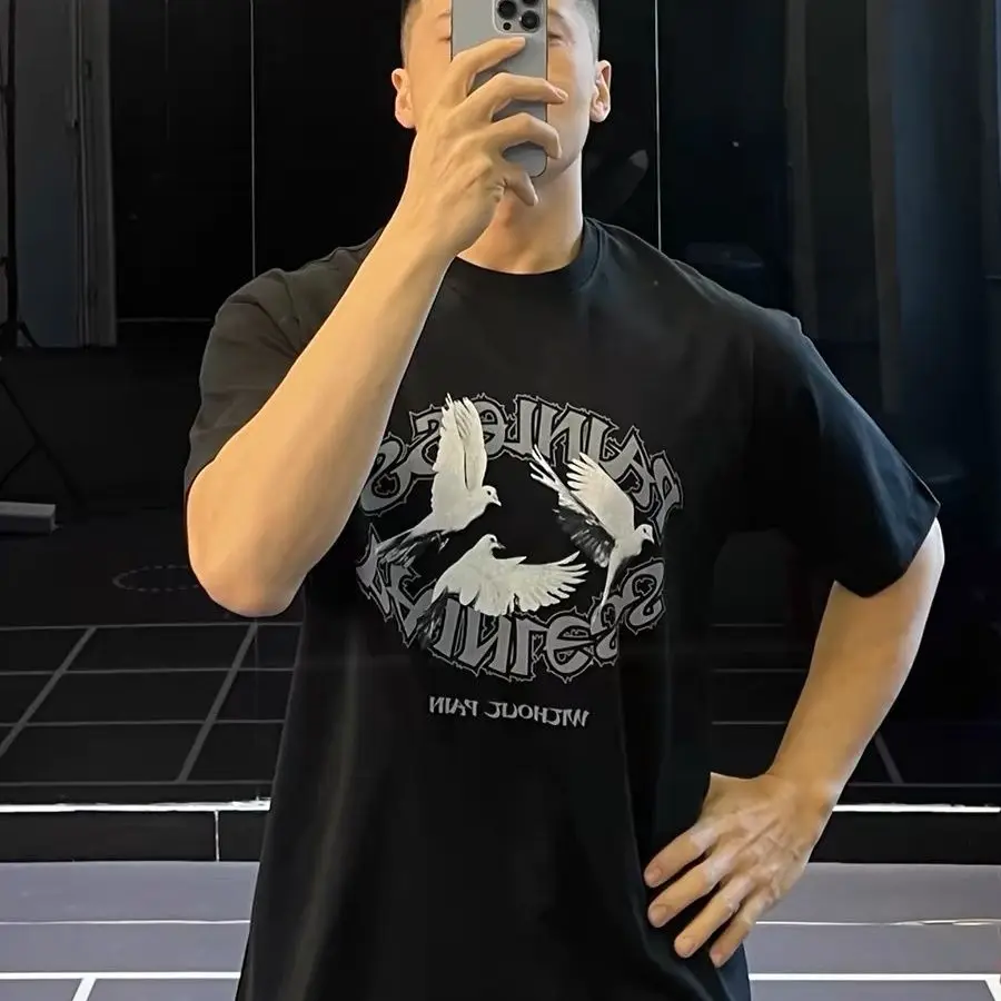 

Heavy 260g Cotton Letter Print Sports Short-sleeved Top Fitness T-shirt Men's Running Training Clothes Spring and Summer