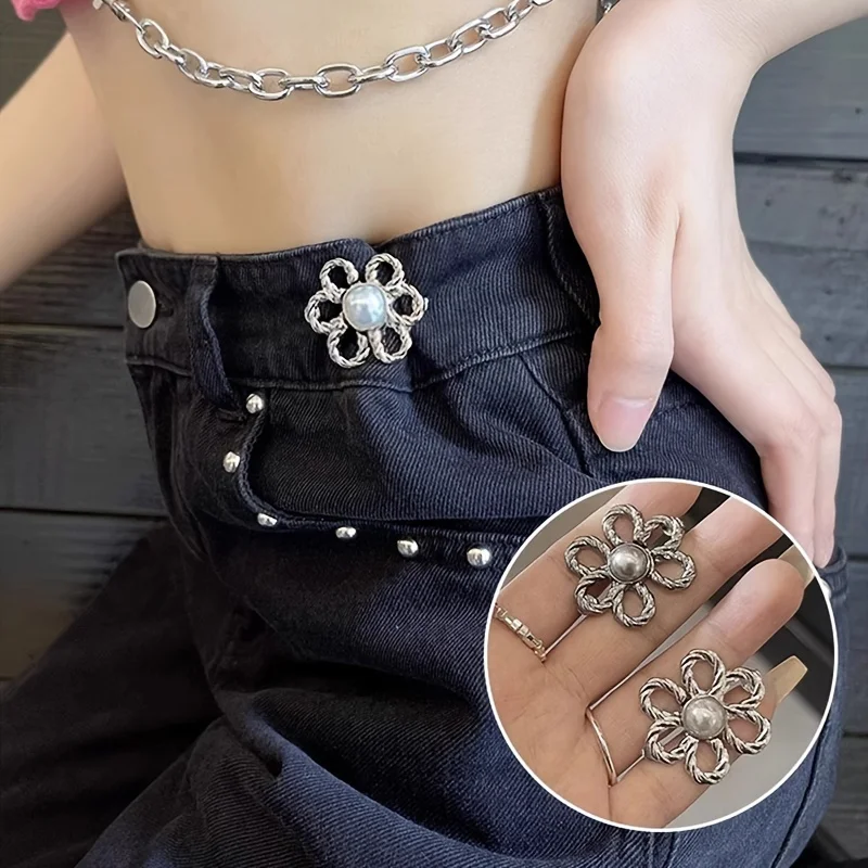 2pairs Waist Metal Flower Adjustable Tighten Invisibility Decoration Couple Buckles Pants Skirts Size Change From Large To Small