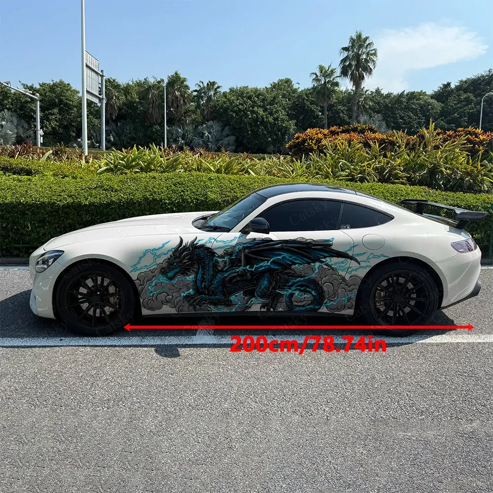 2pcs Blue Lightning Black Dragon Decal, Durable, Fade-Resistant, Enhance Vehicle Aesthetic With Bold Design Car Vinyl Wrap
