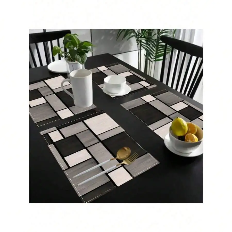 4-Pack Polyester Placemats, 12x18 Inch Rectangular Table Mats, Black Grey Geometric Plaid Pattern, Machine Washable Woven Tablem