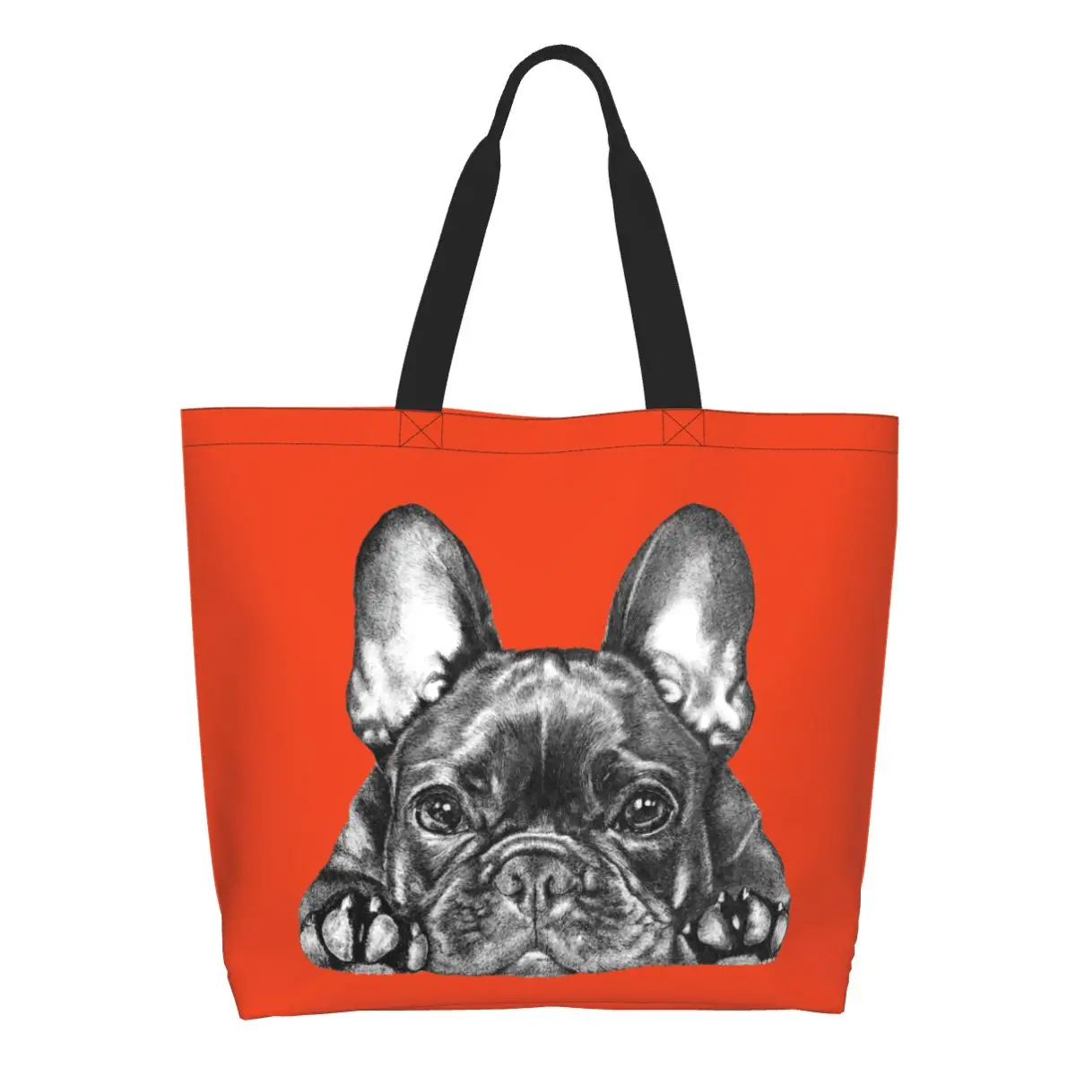 Reusable Frenchie Dog French Bulldog Shopping Bag Women Canvas Shoulder Tote Bag Washable Groceries Shopper Bags