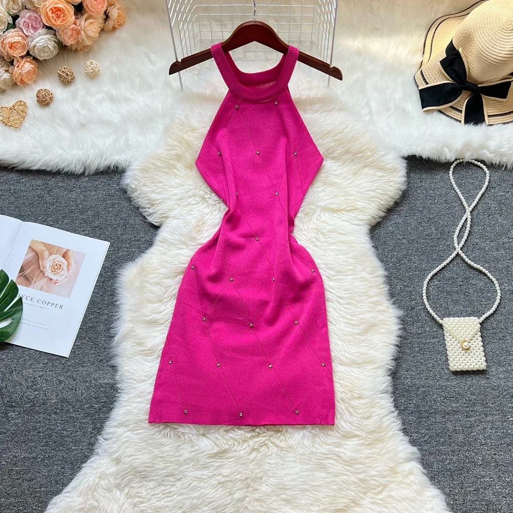 Summer New Hot Sexy Package Hips Knitted Dress Women Fashion Y2K Diamonds Bodycon Dress Streetwear Lady Outfits