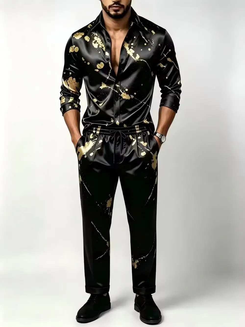 Men's luxury silk satin two-piece set, gold print, long sleeved shirt and drawstring pocket casual pants, suitable for weddings
