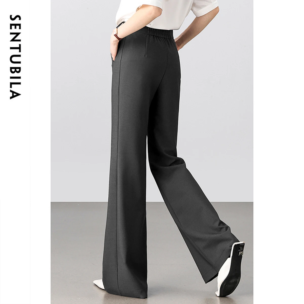 SENTUBILA Woman Casual Flared Pants 2025 Dark Grey Slim Fit High Waist Pants Office Lady Full-Length Pockets Trousers 152K87963