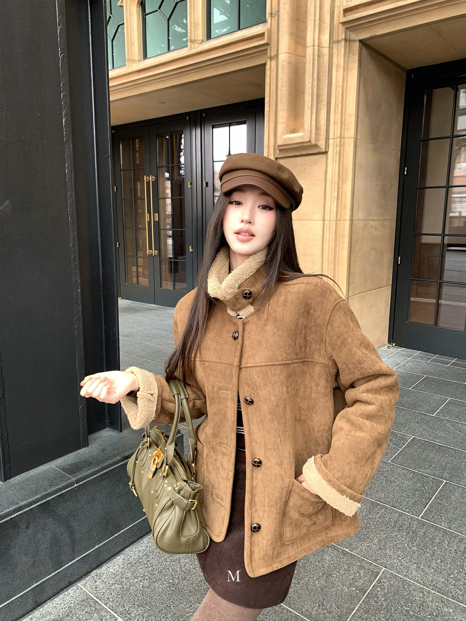 Chen Mi Fan Bruin Suède ort Jaet Dames Fce Gevoerde Jas Casual Sle Polyester Stof Lange Sve Knoopsluiting