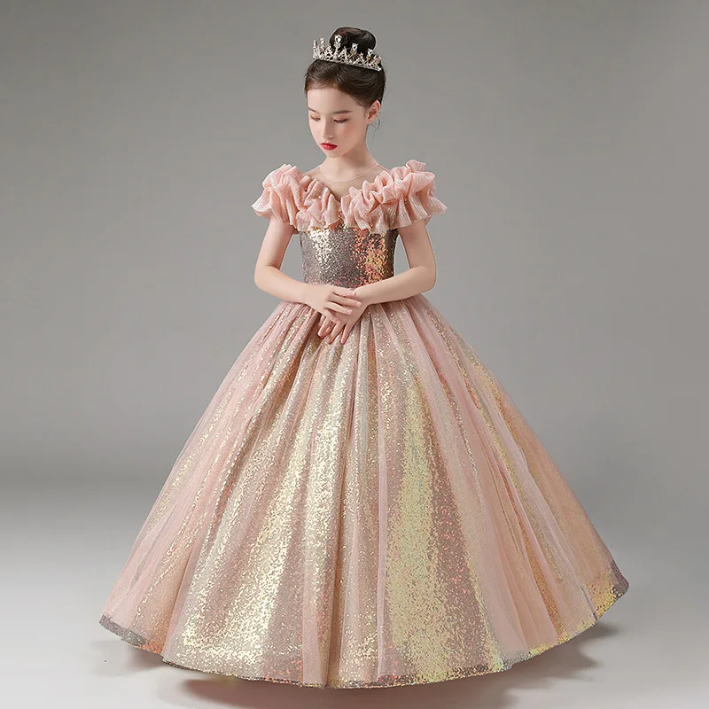 Little Girls Princess Party Gown Teen Girls Costume Cosplay Sparkle Sequin Ruffle Dress 4-13 Years Elegant Evening Forma Dresses