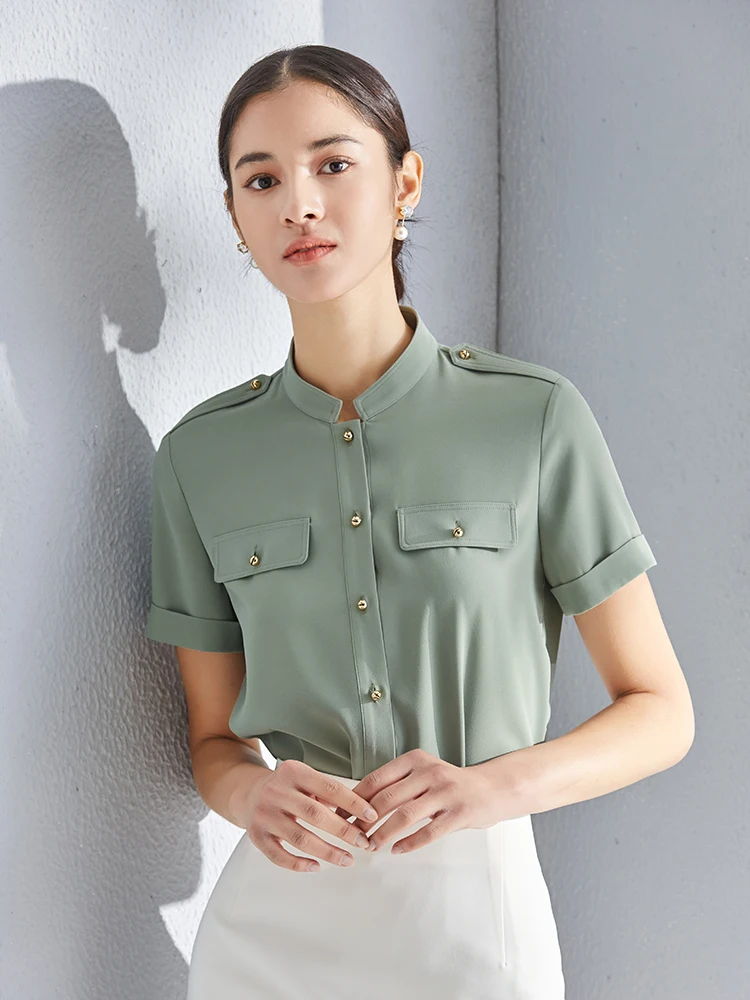 

Летняя женская блузка из шелка с воротником-стойкой, повседневная, прямого кроя, из полиэфирного волокна, во французском стиле