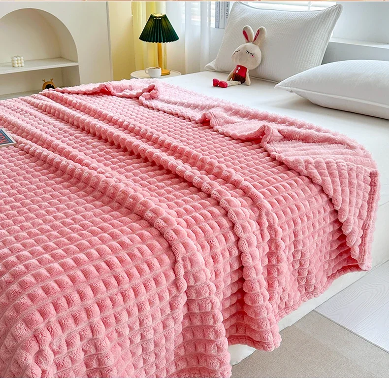 New Simple 3D Plaid Blanket Autumn Winter Soft Warm Multi-functional Sofa Blankets Cozy Durable Artificial Rabbit Plush Blanket
