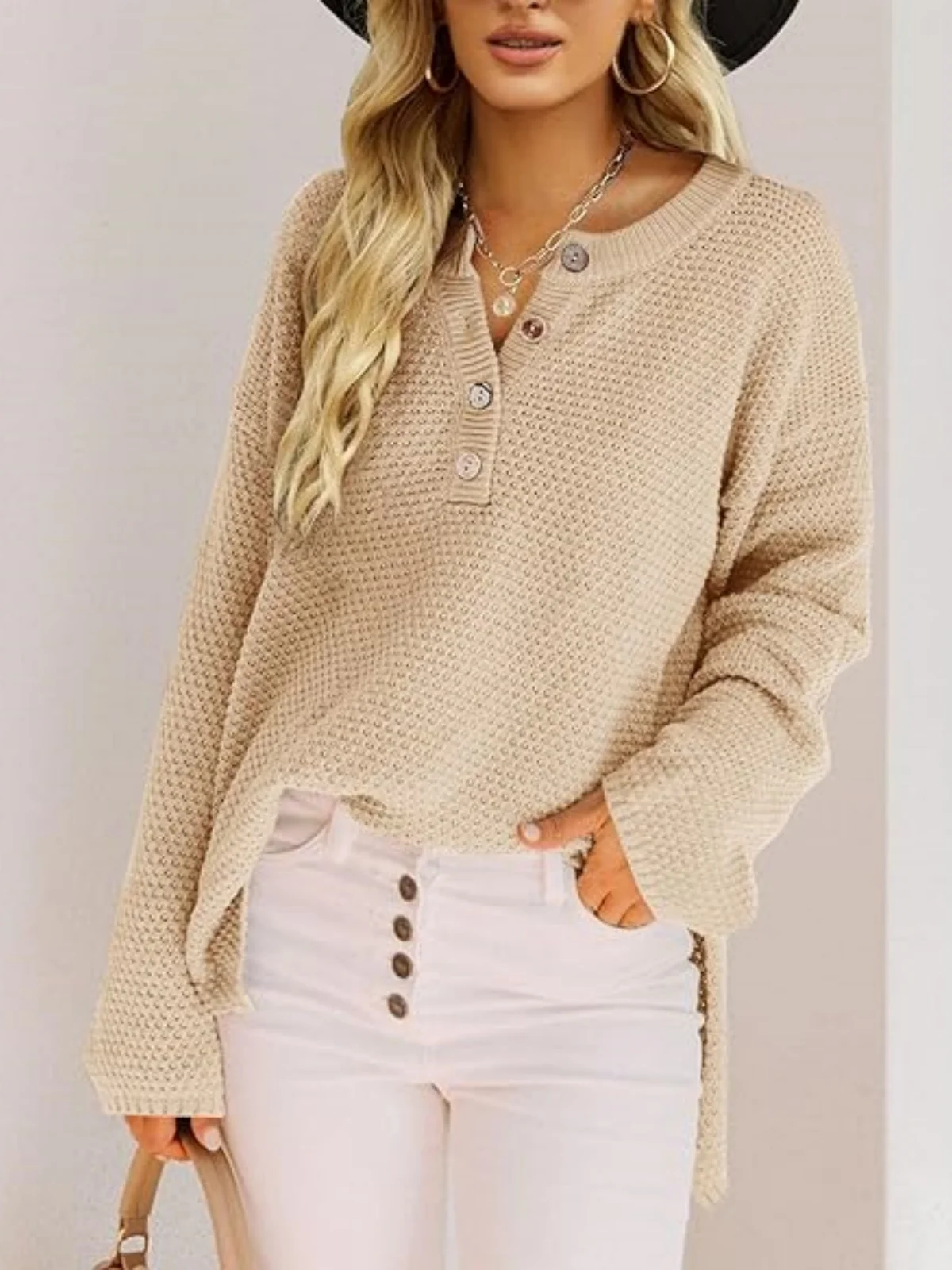 V Neck Button Solid Oversized Sweater Women Long Sleeve Loose Knitted Pullover Tops Fashion Casual Autumn Streetwear Outfits