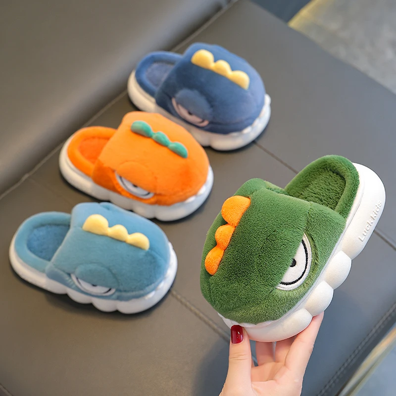 Winter Warm Plush Slippers Children\'s Funny Cartoon Dinosaur Non-slip Soft Sole Kids Baby Boys Girls Indoor Home Cotton Shoes