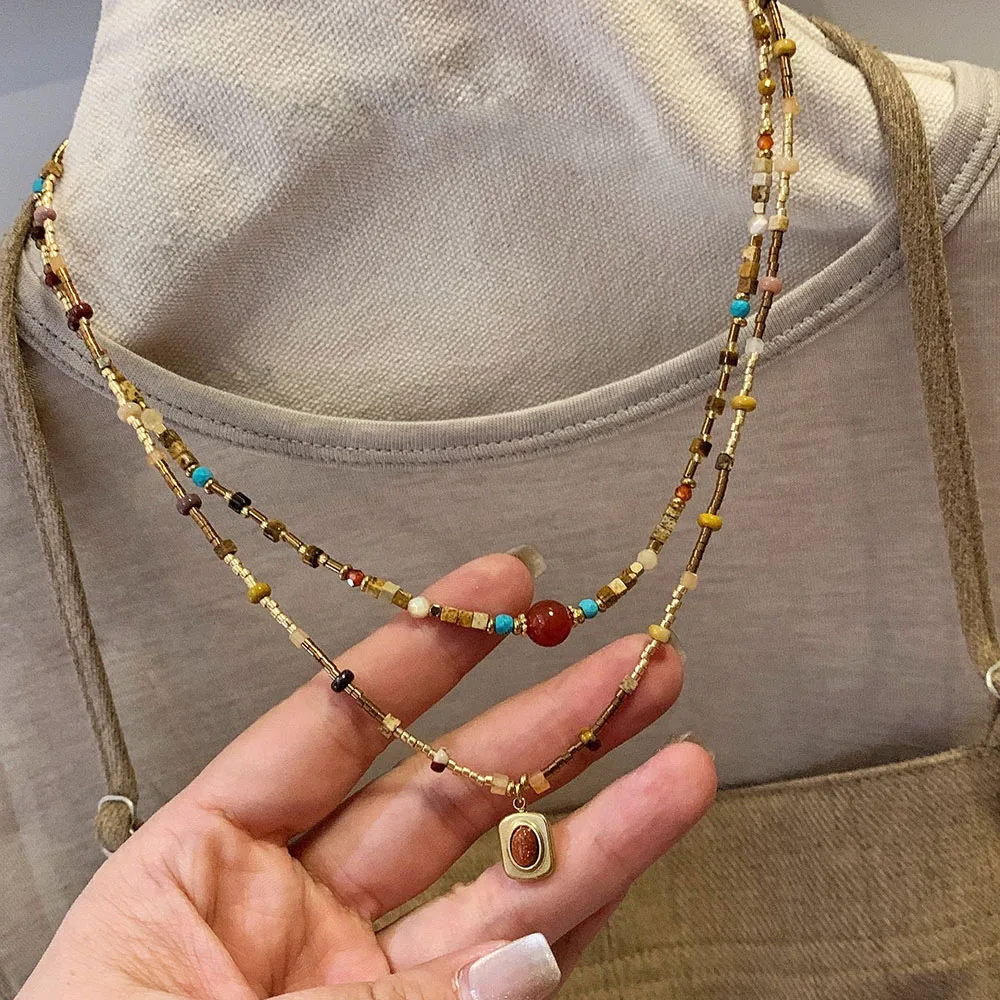 

Vintage Natural Stone Bead Necklace Luxury Premium Double-Layer Layered Collarbone Chain Bohemian Accessory Gift