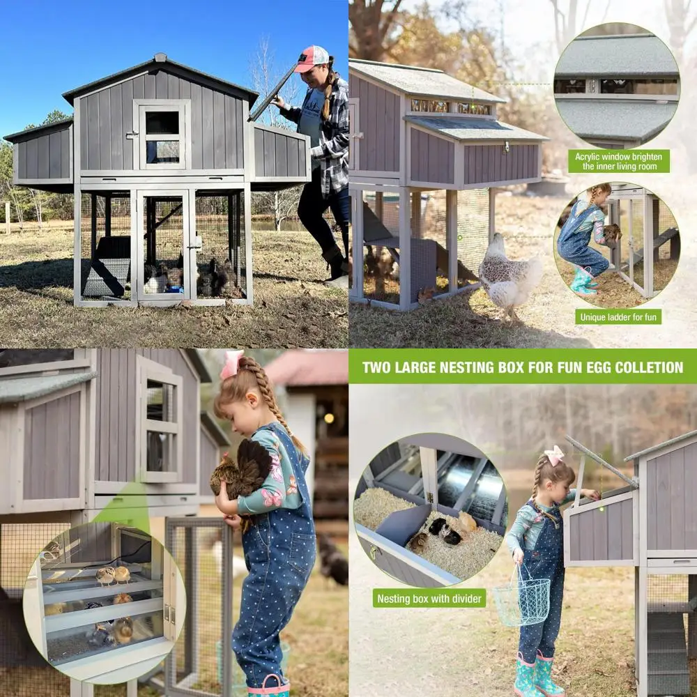 

Large Foldable Wooden Chicken Coop with Run and 4 Nesting Boxes, Suitable for 4-6 Chickens, 69.8 L Capacity