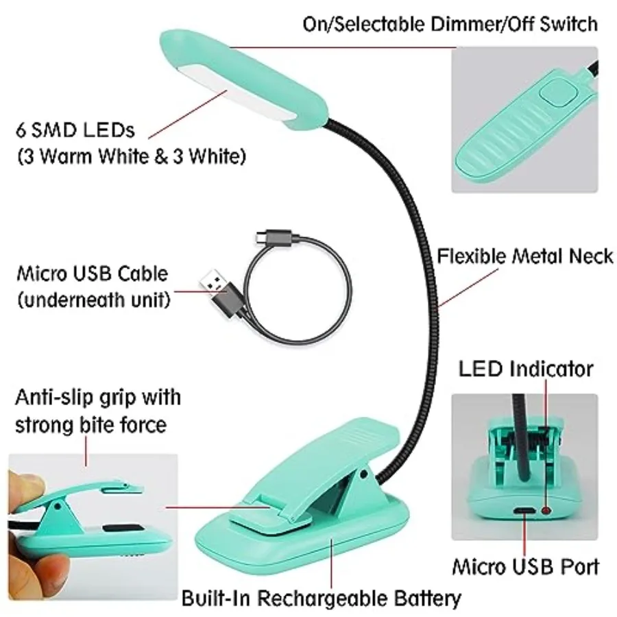 Rechargeable Book Reading Light, Portable Bendable Neck, Brightness Adjustable with Eye Care Reading, Warm and White LEDs, Perf