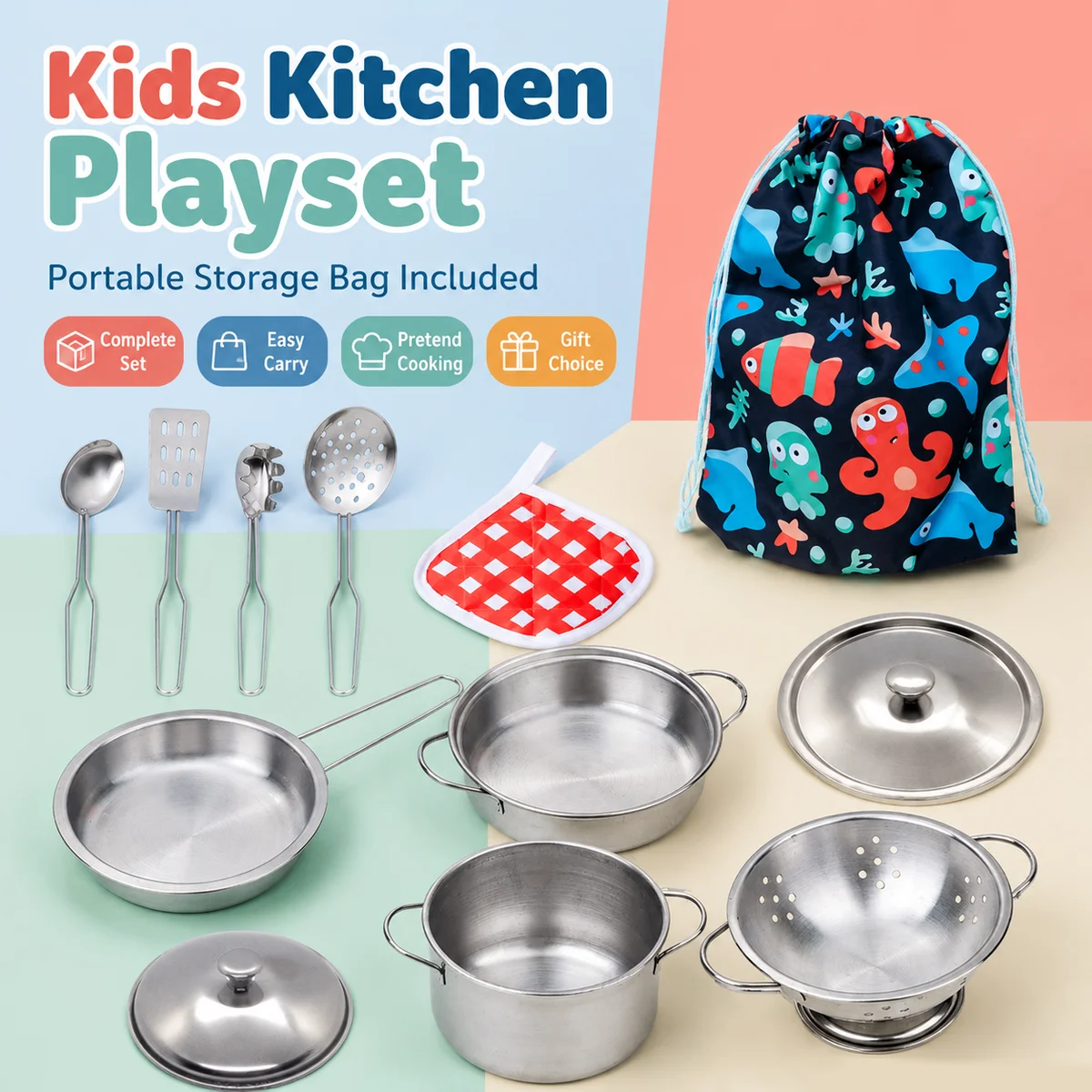 Kids Outdoor Kitchen Set - مجموعة أدوات طهي معدنية واقعية للأطفال،
