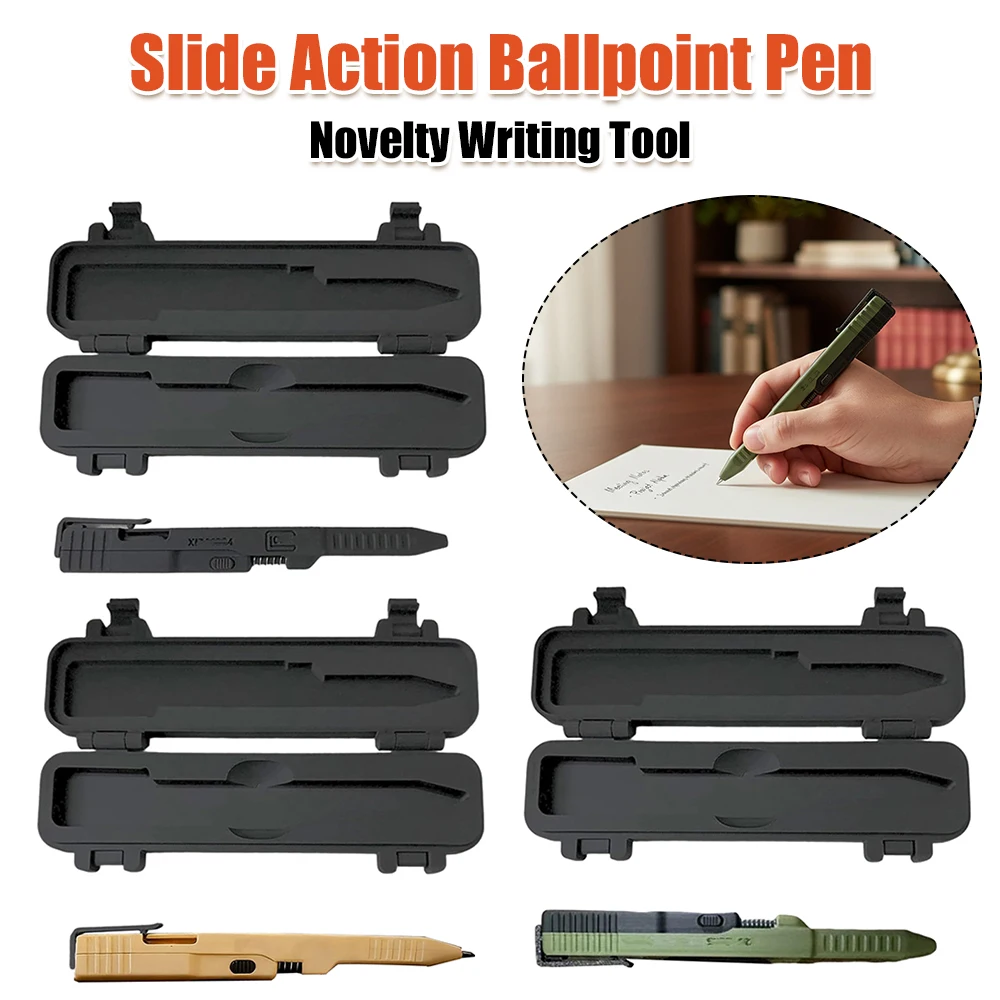 Tactical 3D Printed Slide Action Pens EDC W/ Case Creative Novelty Writing Tool Refillable Smooth Ink Pen for Office Desk Use