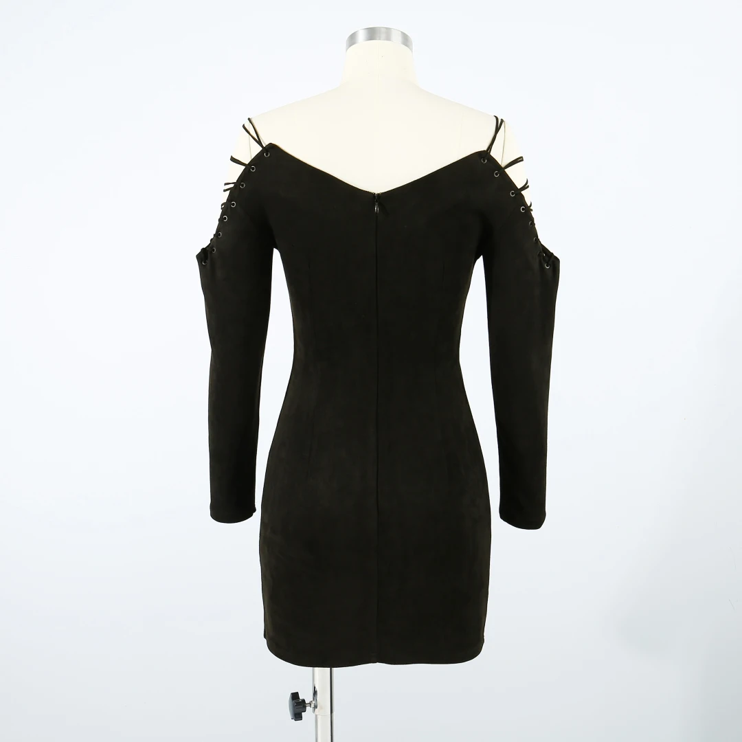 Vestido feminino de camurça e veludo com alça cruzada, decote em v profundo, manga comprida, elegante e elegante, outono 2025, nova chegada