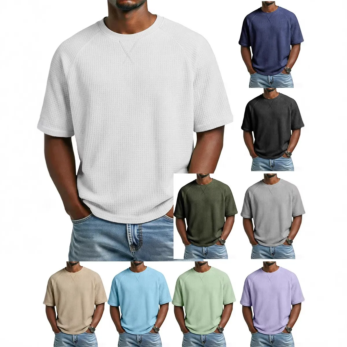 

Casual Men T Shirt Waffle Knit Loose Fit T Shirts For Man Solid Color Short Sleeve Tee Oversized Fit Textured Fabric Crew Neck