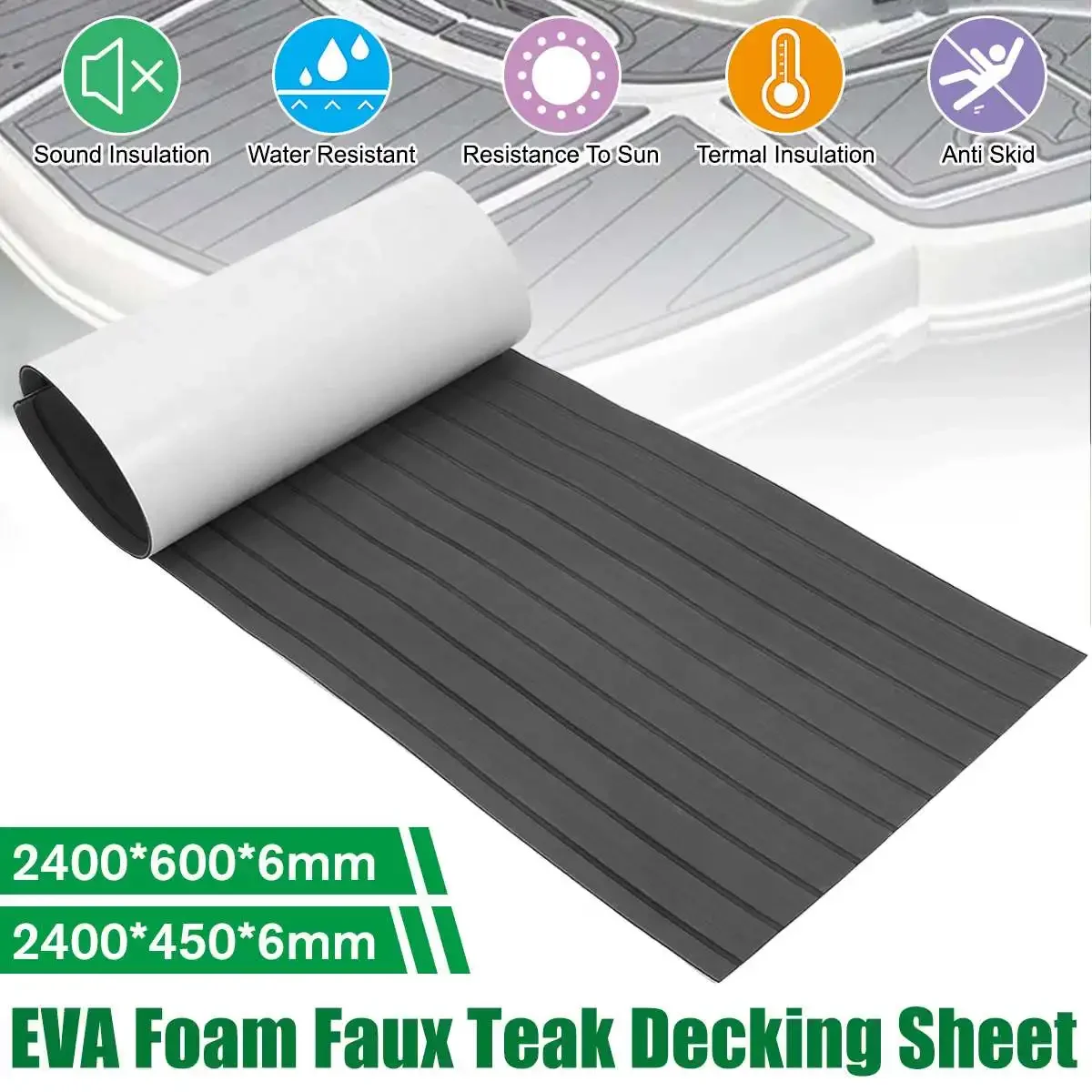 for 2400x600x6mm Self-Adhesive  Teak Decking Sheet Marine Flooring Boat Decking Sheet Gray Black Striped Pad Mat