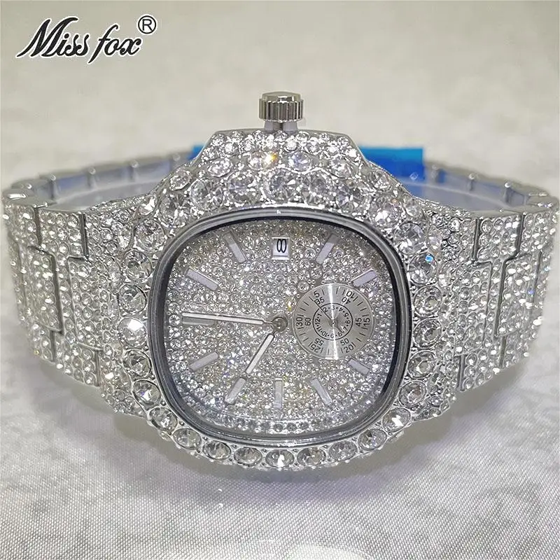 2024 MISSFOX Luxury Watch For Men Fashion Iced Out Jewelry Quartz Wristwatch Hip Hop Diamond Bling AAA Watch Male Reloj Hot Sell