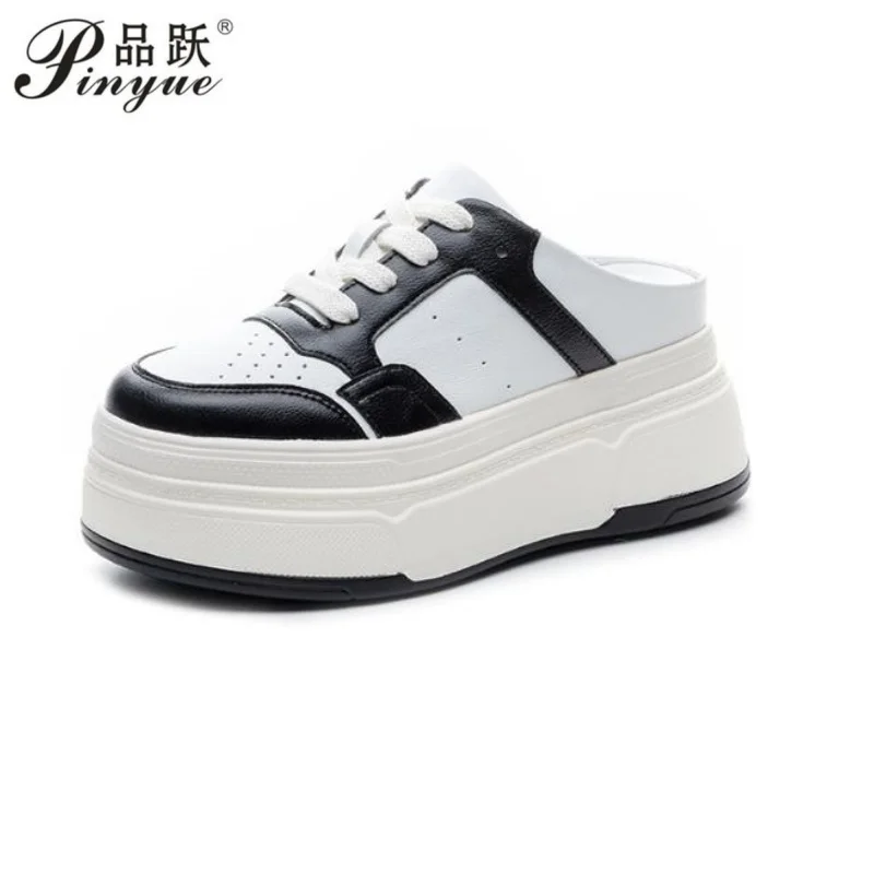 

8.5cm Women Genuine leather Platform Wedge Comfy High Brand Breathable Bao Toe Ladies Slippers Chunky Sneaker Casual Shoes 34-39