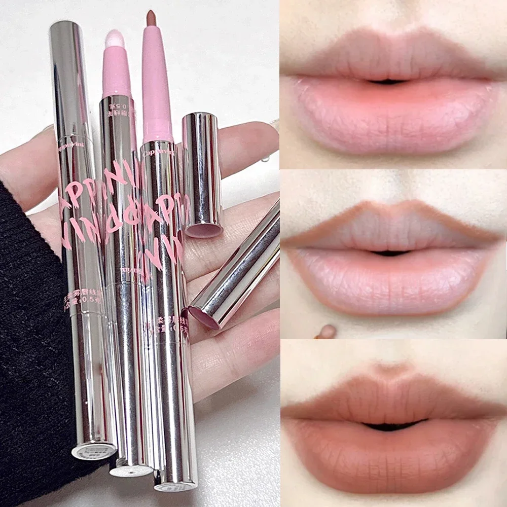 Matte Pink Lip Liner ปากกา Nude สีน้ําตาลลิปสติก Lip Makeup Mist เครื่องสําอาง Silver Tube Smooth Lip Contouring Lipliner ดินสอ