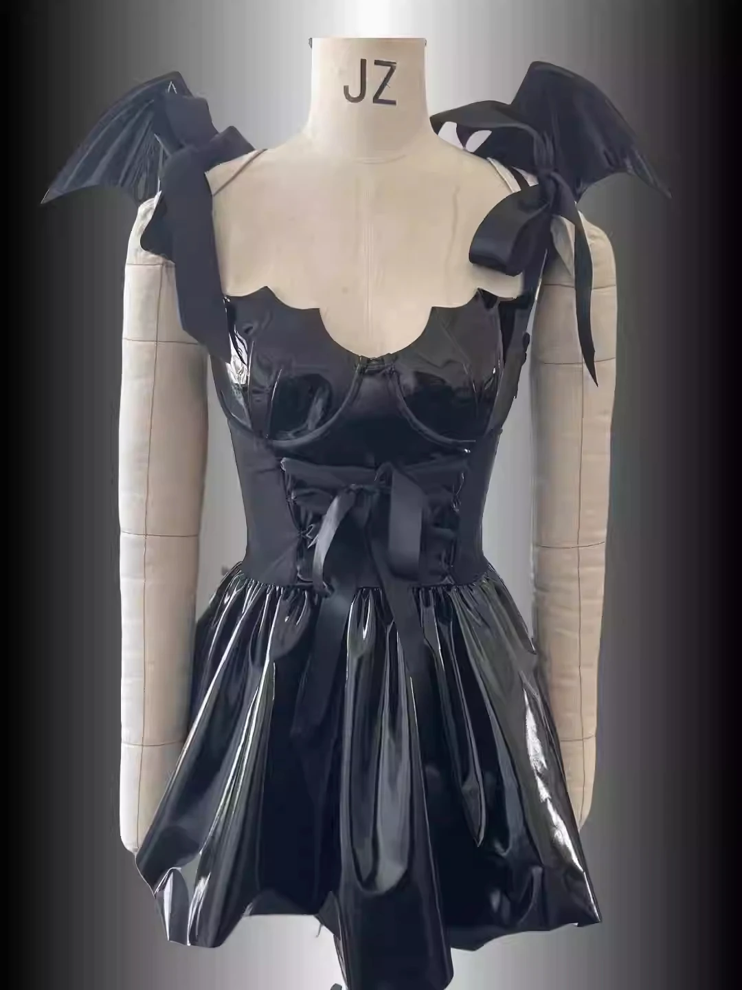 New black devil bull Gothic patent leather shiny PU hanging neck strap bow cool corset pleated Dress﻿