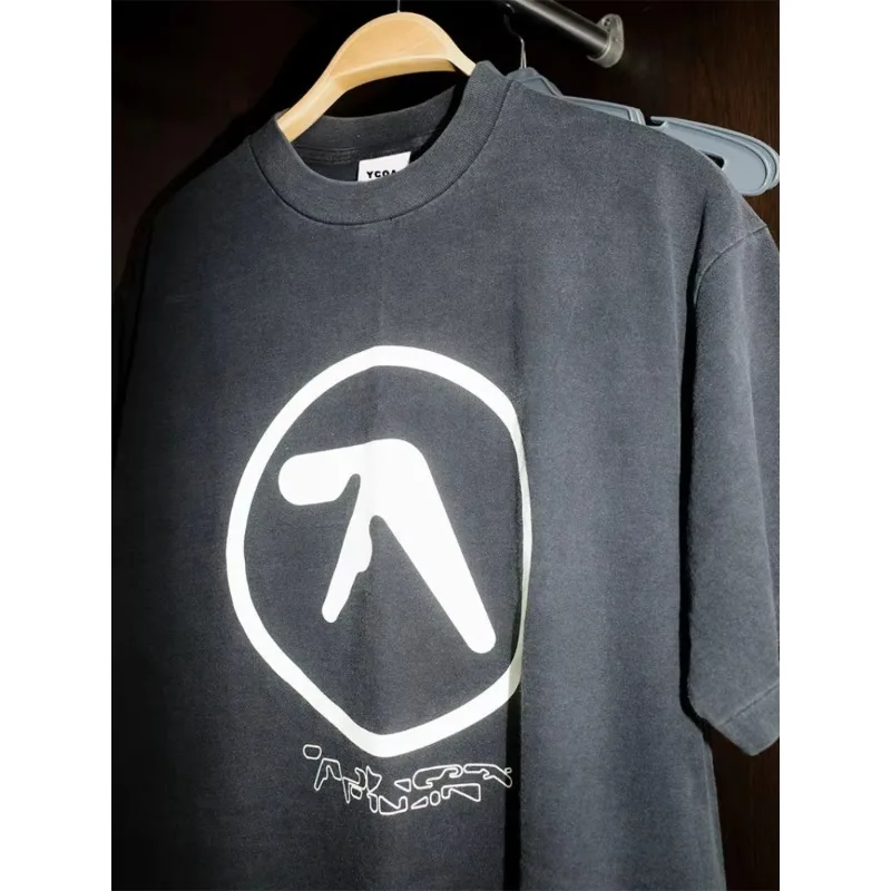 Top T-shirt Y2k Streetwear Men's T-shirt Aphex Double Wash Black Printed Cotton Pattern Korean Fashion Short Sleeve