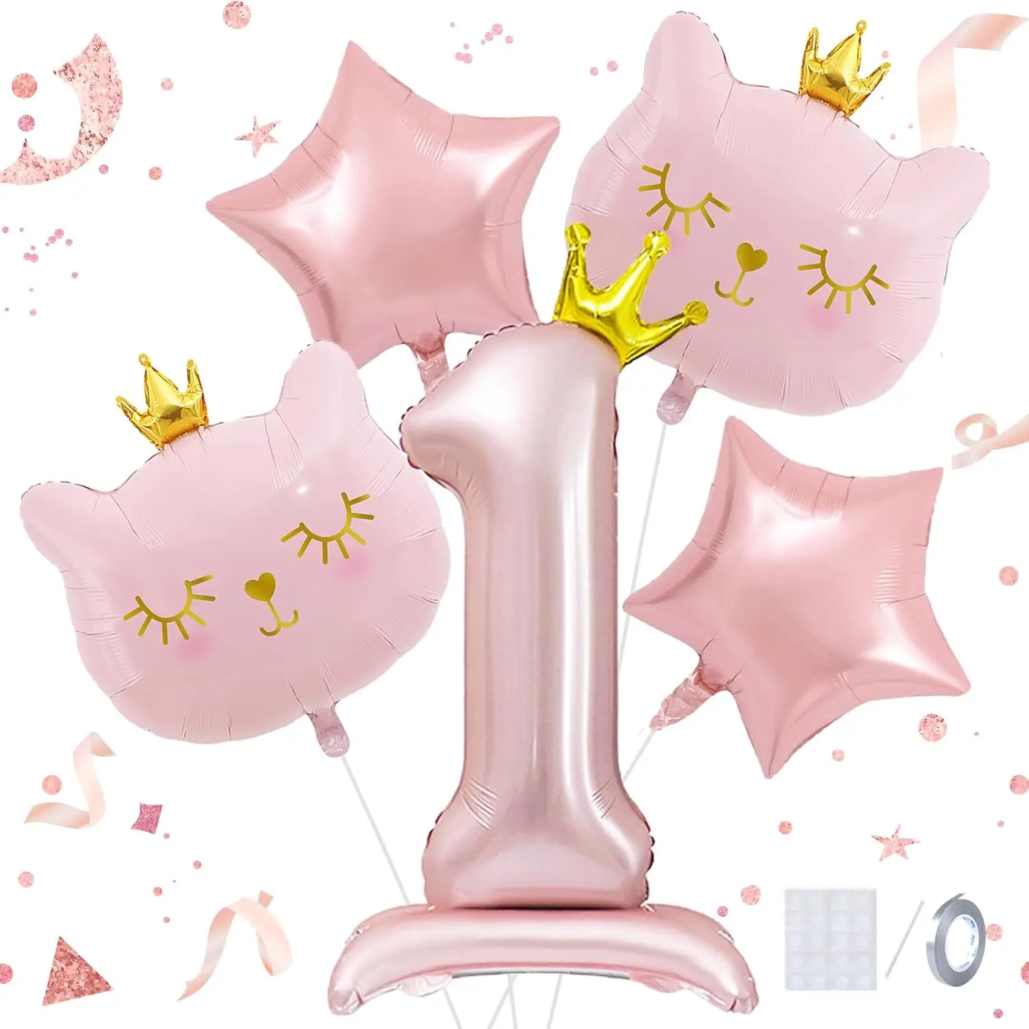 8-teiliges Rosa Katzen-Ballonset 32 Zoll Basis Krone Nummer 1-9 Geburtstagsparty Dekoration Krone Katzen-Folienballon Cartoon-Ballons